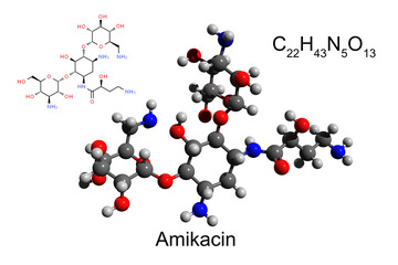 Chemical formula, structural formula and 3D ball-and-stick model of antibiotic amikacin, white background