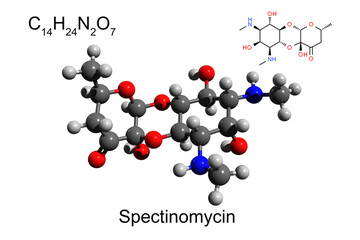 Chemical formula, structural formula and 3D ball-and-stick model of antibiotic spectinomycin used for treatment of gonorrhea, white background