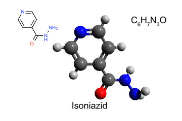 Chemical formula, structural formula and 3D ball-and-stick model of isoniazid used for treatment of tuberculosis, white background