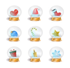 Christmas Vector Snow Ball Set. Set Of Winter Snow Balls With Christmas Objects Inside