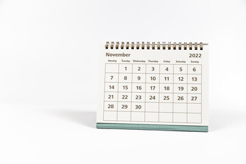 November 2022 paper calendar month page on white background