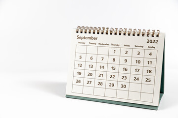 September 2022 calendar on white background isolated