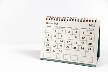 November 2022 calendar on white background isolated