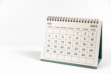 July 2022 calendar on white background isolated