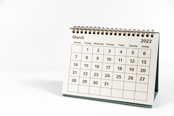 March 2022 calendar on white background isolated