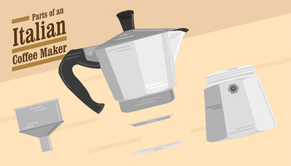 Parts Of An Italian Coffee Maker, Moka Coffee Illustration. Italian Coffee Maker Or Moka Pot Illustration