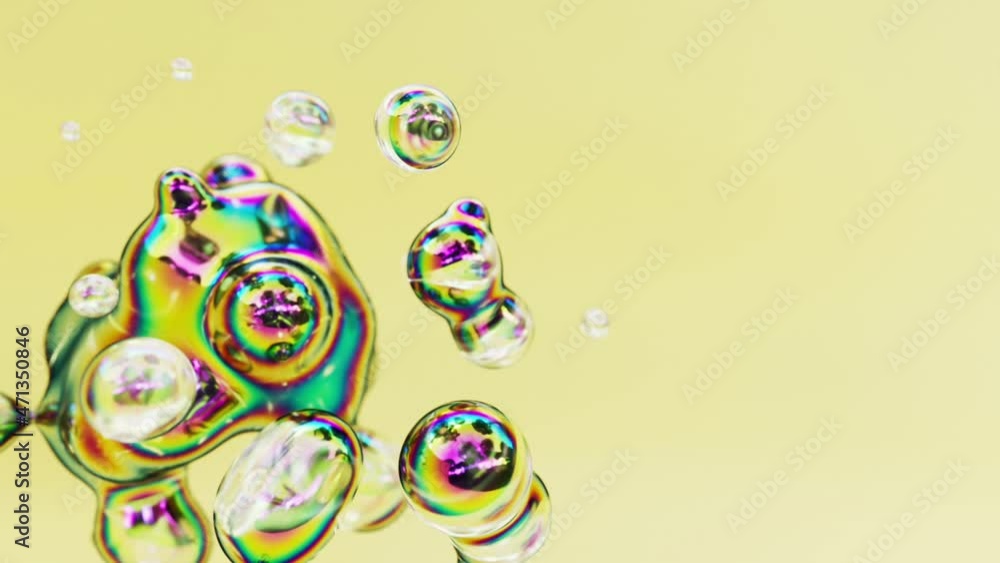 Poster liquid iridescent transparent clean soapy animated metaball or organic floating spheres blobes drops