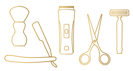 golden barber shop accessories: brush, razor, trimmer, scissors and disposable razor- vector illustration