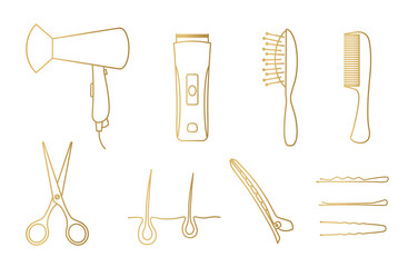 Fototapeta premium golden hairdressing tools: hairdryer, clipper, brush, comb, scissors, hair bulb, clip and bobby pins- vector illustration