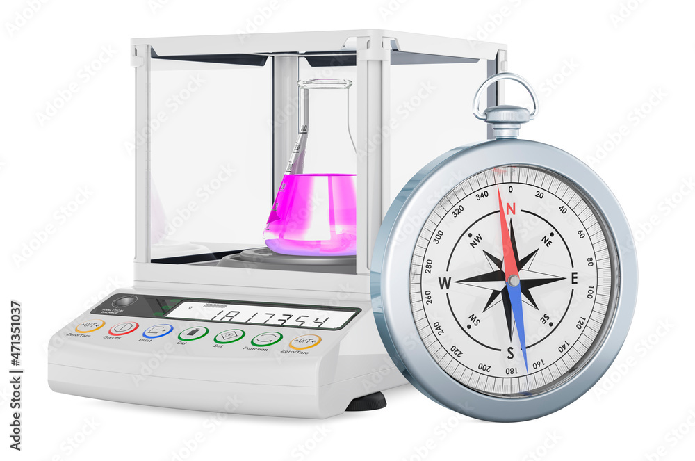 Poster analytical balance, digital lab scale with compass, 3d rendering