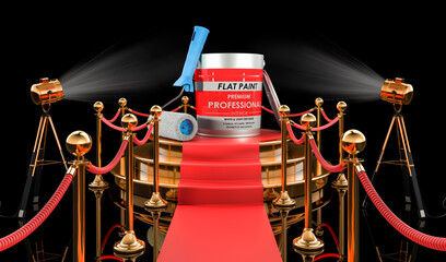 Paint can and roller brush on the podium, 3D rendering