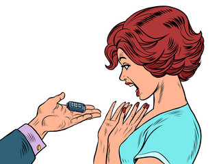 A man gives a woman car keys. A joyful girl. Passenger transport
