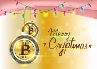 Golden Christmas Bitcoin Balls On A Bokeh Golden Background. Golden Bitcoin Coins With Christmas Lights And Red Frames