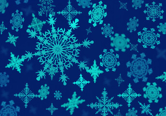 Fototapeta na wymiar Background with figured snowflakes on blue background. Falling beautiful snowflakes. Christmas background. Winter texture for your site. Winter blue pattern. Simple snow background. 3d rendering.