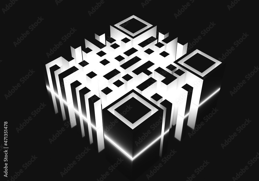 Poster qr code glows in dark. qr key on black background. tag for reading by electronic device. volumetric 