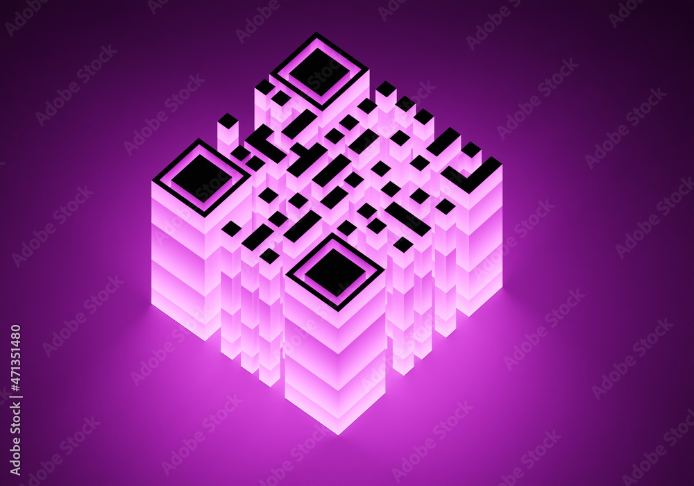 Poster qr code on purple background. qr glows with neon light. qr code for electronic identification. quick