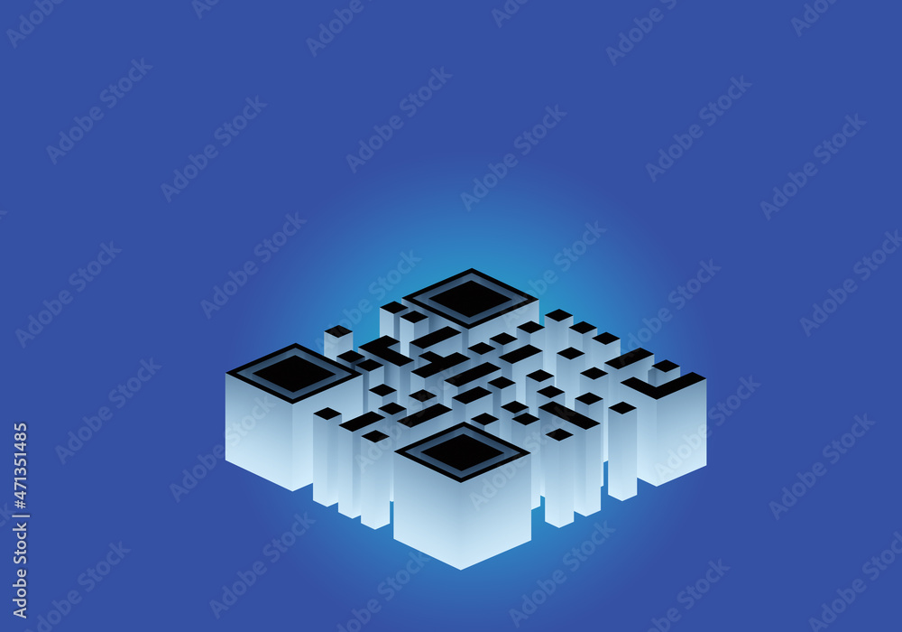Poster volumetric qr for reading. qr code on blue background. mentka to go to link or download something co