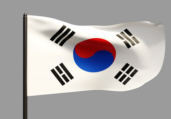 Flag of Republic of Korea. National flag of South Korea. Republic of Korea banner on flagpole. Korean patriotic symbol. It develops on gray background. National symbol. 3d rendering.