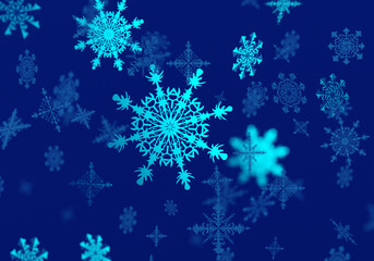 Falling Christmas snow. Snowflakes background. Light snowflakes of different shapes. Beautiful snowflakes metaphor for new year. Decorations for design. Winter background with running snow. 3d image