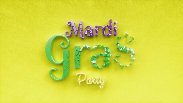 Mardi Gras party text inscription, fat tuesday festival and New Orleans masquerade holiday concept, purple green decorative animated lettering, 3d render of festive greeting card motion background