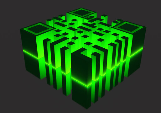 QR Code Is Green. Volumetric Matrix Code With Neon Glow. QR Key For Reading. Concept Is Visual Reference For Transaction Or Authorization. Quick Response Code. Identification Key. 3d Rendering.