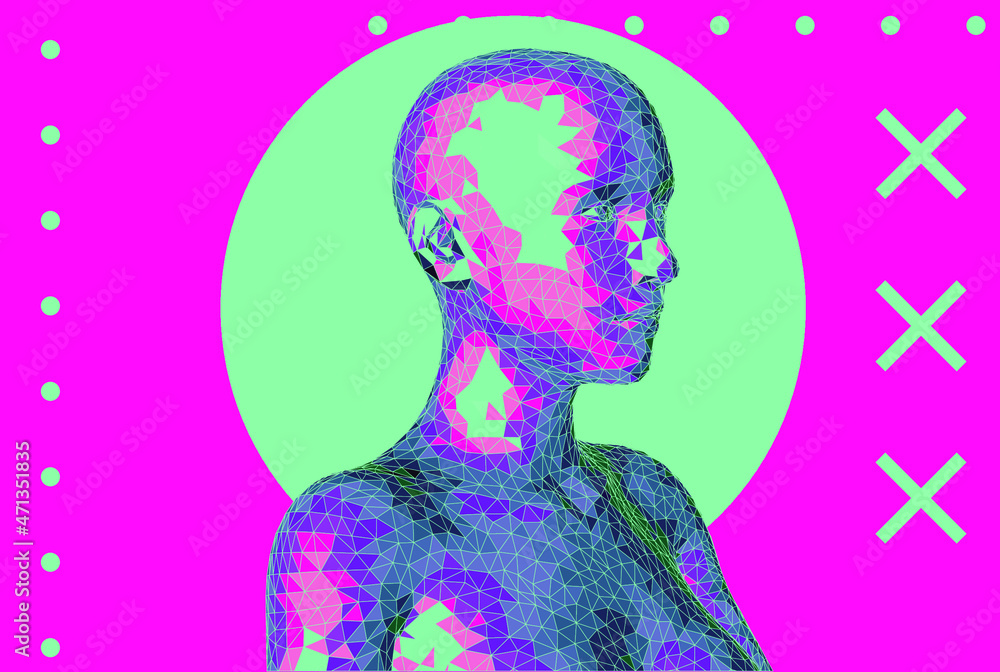 Poster 3D polygonal model of a human face. Concept illustration for Artificial intelligence and Neural Networks themes.