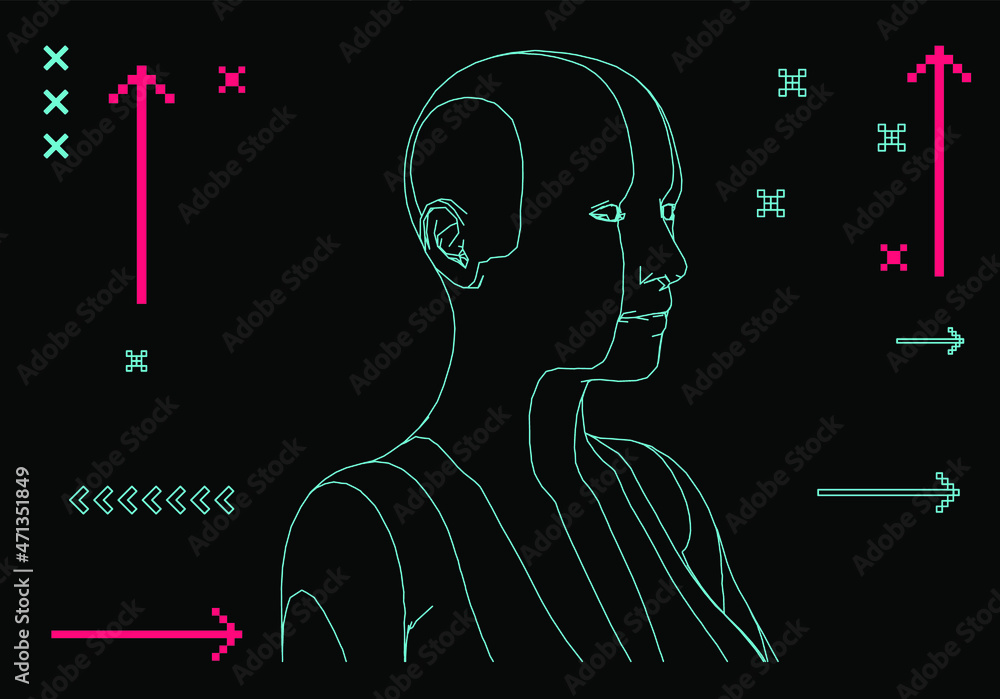 Poster 3D wireframe of a human head. Concept for Artificial intelligence and Neural Networks themes.