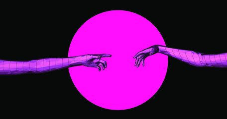 Vector 3D model of low poly hands. Cyberpunk and vaporwave style art collage.