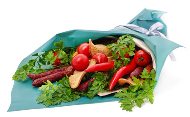 Bunch of sausages, peppers, tomatoes.