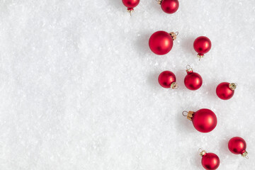 Christmas, winter composition. Xmas red decorations on white background. Christmas, New Year, winter concept. Flat lay, top view, copy space