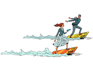 Fototapeta premium A businessman and a businesswoman are sailing. Competition of cash and electronic money on a plastic card