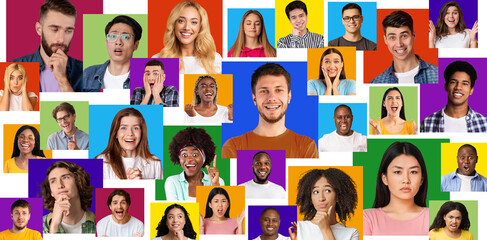 Set of young male and female emotional portraits. Diverse people posing at colorful backgrounds