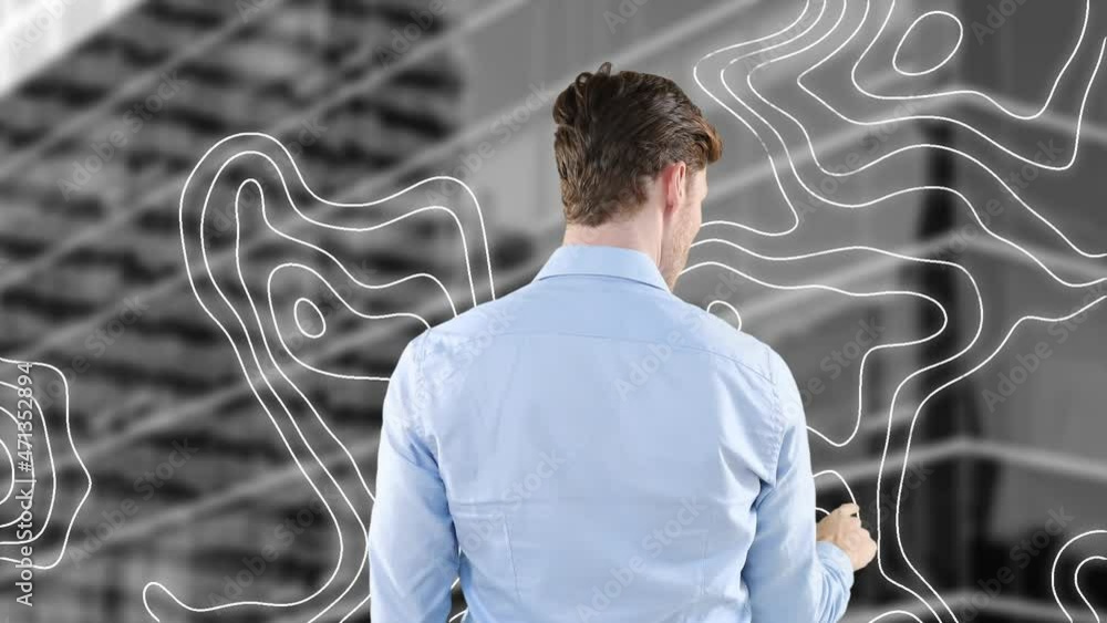 Poster animation of caucasian businessman touching screen over map lines and office blocks