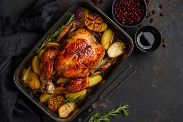 Roasted chicken in pomegranate sauce with potatoes in a gray ceramic mold. Dark background. Top...
