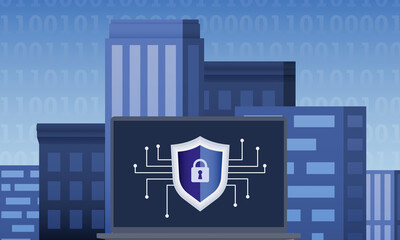 Notebook Cyber Security in der Smart City durch Digitalisierung Firewall Sicherheit - obrazy, fototapety, plakaty