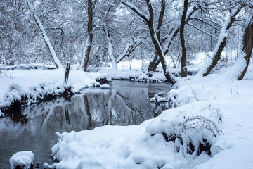 The river passes through the forest among the trees in winter. Lots of snow. Beautiful landscape of winter forest and river. Beautiful winter landscape nature snow forest scene outdoor backgrounds.