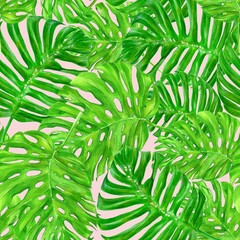 Seamless watercolor illustration of tropical leaves. Hand painted pattern  tropic may be used as background texture,textile,wallpaper fabric design,wrapping paper.