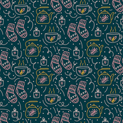 The pattern of the Hugge style is home comfort and warmth. The background for textiles is a cozy house in the Danish style. Home comfort with candles, a teapot, a cup, a book for textiles. . Vector
