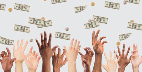 Hands of international young people rising to sky for falling money, panorama, free space, collage