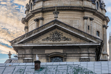 LVIV, UKRAINE - November, 2021: Architecture of the Dominican church and monastery. 