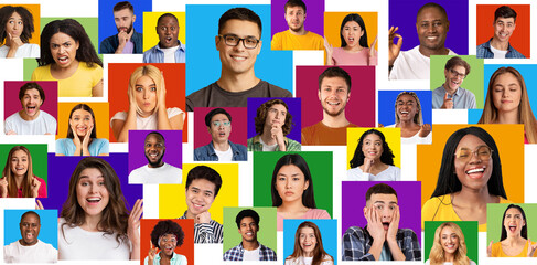 Headshot mosaic of cute calm, smiling, confident and surprised millennial international people, expressing emotions