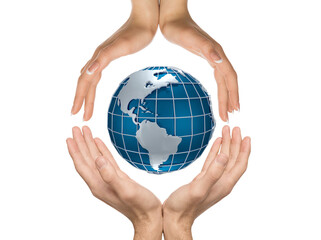 Hands of young european man and lady hold globe, isolated on white background