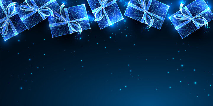 Abstract Christmas digital web banner template with glowing gift boxes and copy space on dark blue
