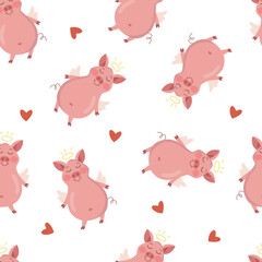 Seamless pattern with pink pig angel and halo. Vector illustration of flat character.
