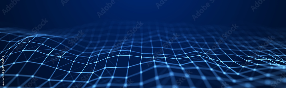 Poster Blue wave. Abstract background of points and lines. Cyber structure. Big data stream. 3d rendering