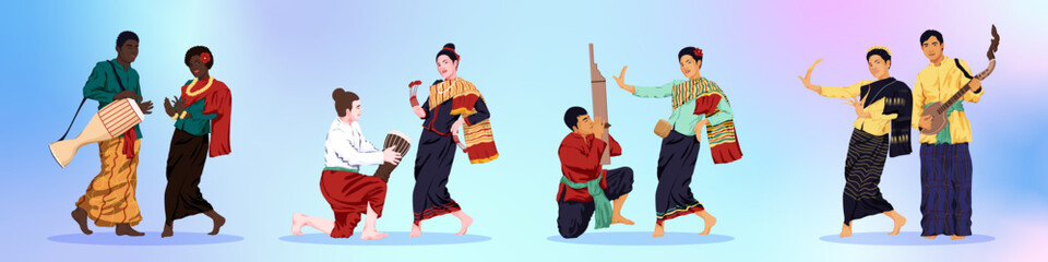 Obraz premium Set of traditional asian musicians and dancers in ancient dress
