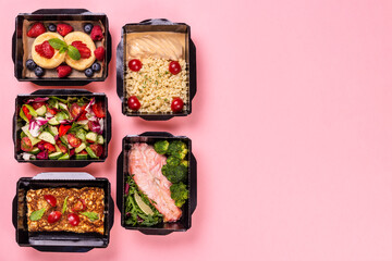 Catering food with healthy balanced diet delicious lunch box boxed take away deliver packed ready meal in black container dinner, meal, brakfast