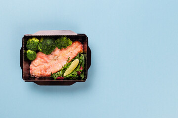 Catering food with healthy balanced diet delicious lunch box boxed take away deliver packed ready meal in black container dinner, meal, brakfast