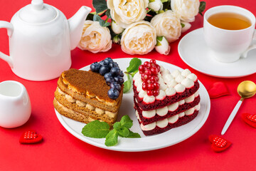Sweet hearts. Red velvet cake and honey cake in heart shape.