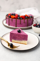 delicious no baked cheesecake with fresh blueberry, top view
